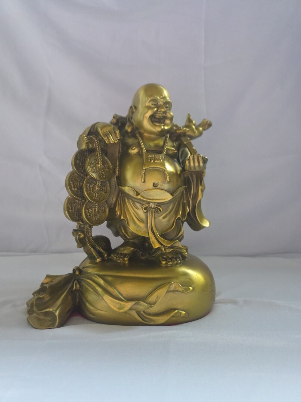 Gold Laughing Buddha Statue with Money Bag & Coins Feng Shui Lucky Prosperity